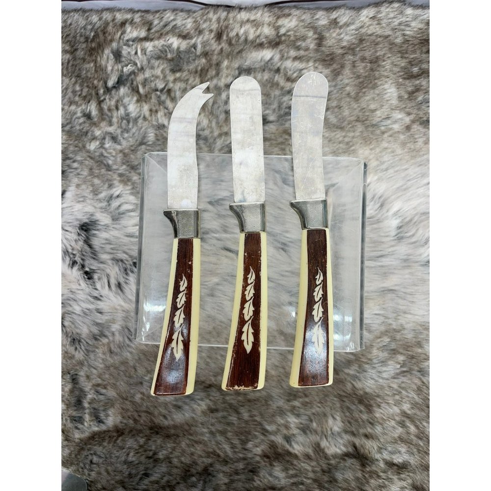 Vintage Regent Sheffield 3 Pieces Woodgrain Brown Tan Leaf Design Stainless Stee